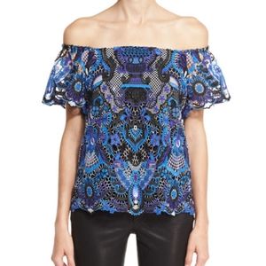 Alice + Olivia Maxie Off The Shoulder Blue, Black & Purple Guipure Lace Blouse
